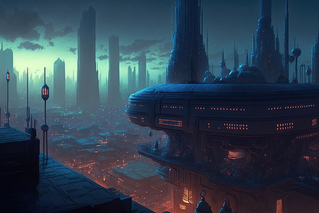 Scifi movie fantasy city building with outer star architecture from space war