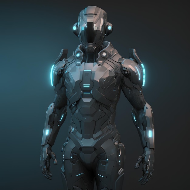 Scifi robotic exoskeleton armor with human operator inside robot with neon glow 3d illustration