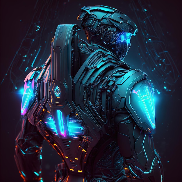 Scifi robotic exoskeleton armor with human operator inside robot with neon glow 3d illustration