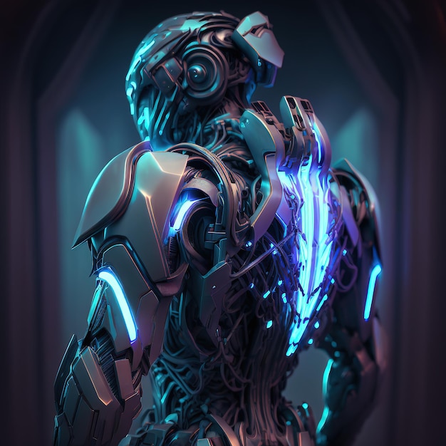 Scifi robotic exoskeleton armor with human operator inside robot with neon glow 3d illustration