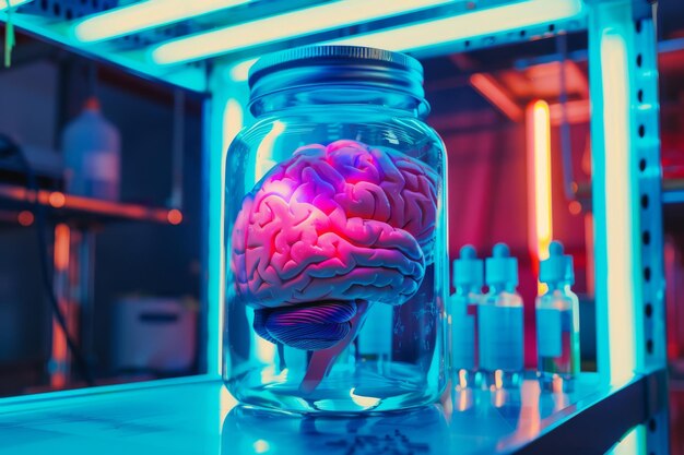 Photo scifi scene with a brain in a jar bathed in neon blue and pink lights evoking futuristic and experimental lab vibes