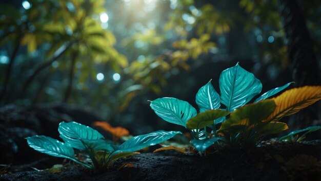 SciFi Tropical Leaves Radiate Bioluminescent Colors on Alien World