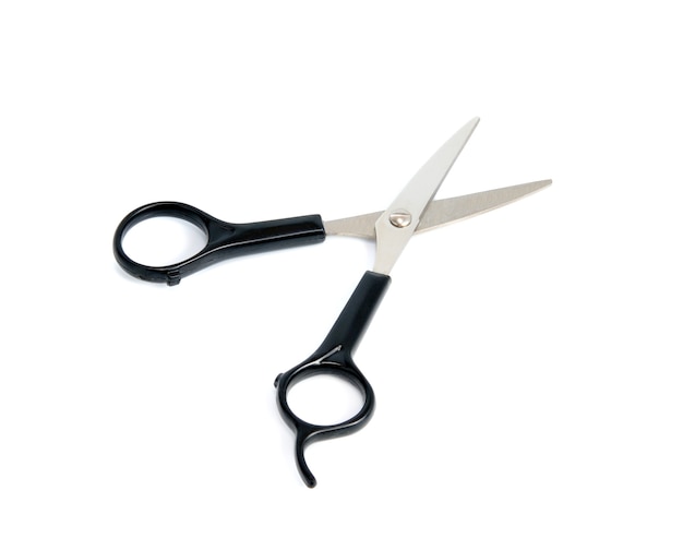 Scissors with black handles on a white background