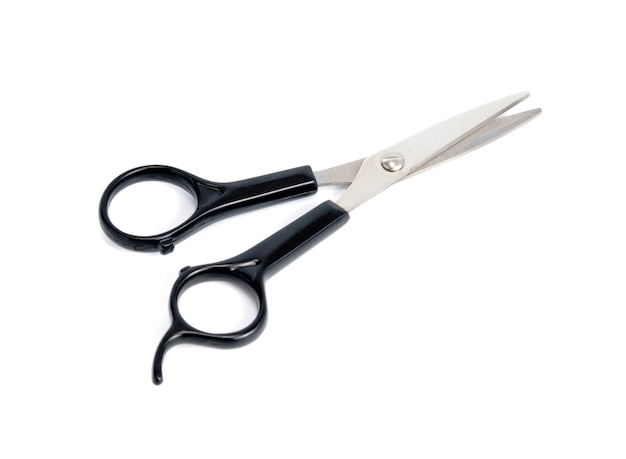 Scissors with black handles on a white background