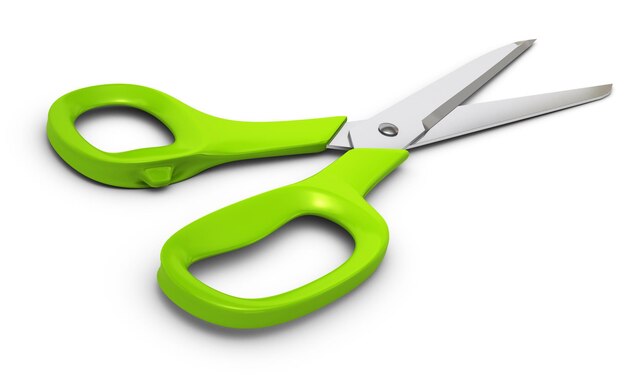 Scissors with green plastic handles and sharp blades, 3d render