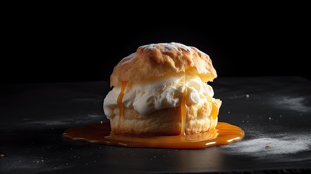 A scone with cream on it and caramel sauce on the top.