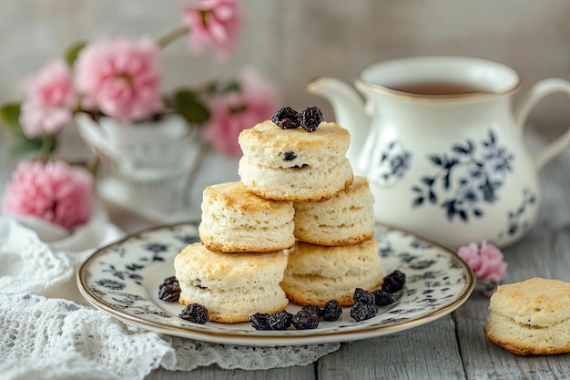 Photo scones arranged on a plate with tea and flowers