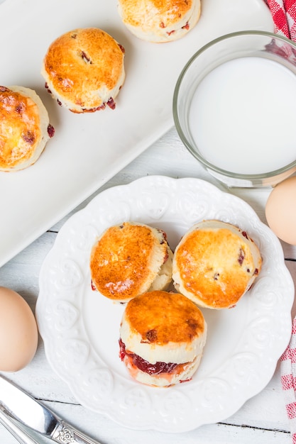 Scones,Scones with jam and tea with milk close-up on the table