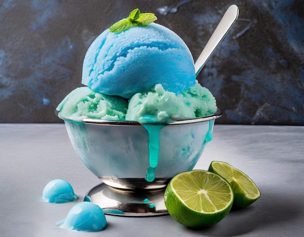 A scoop of blue bubblegum ice cream topped with a scoop of lime sherbet