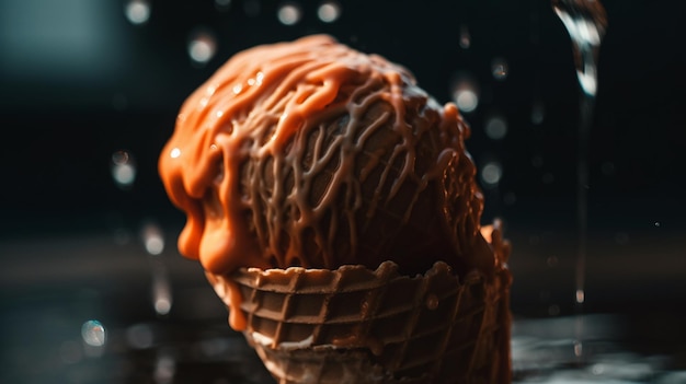 A scoop of caramel ice cream sits on a table in front of a rain drop