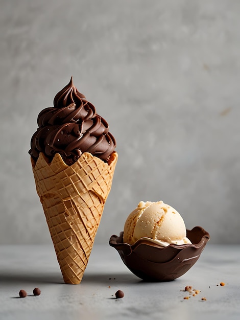 a scoop of chocolate ice cream sits on a table