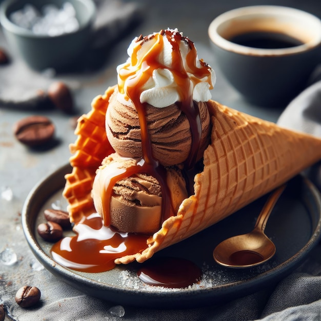 A scoop of coffee ice cream with salted caramel sauce