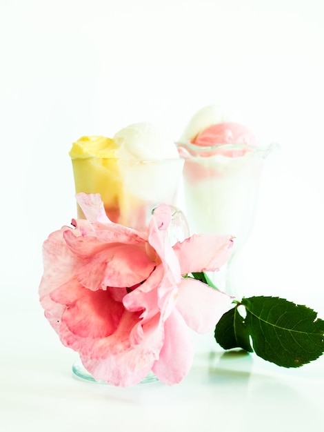 Scoop of delicious Italian fresh ice cream on white background.