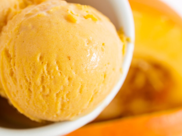 Scoop of gourmet pumpkin gelato in white bowl.