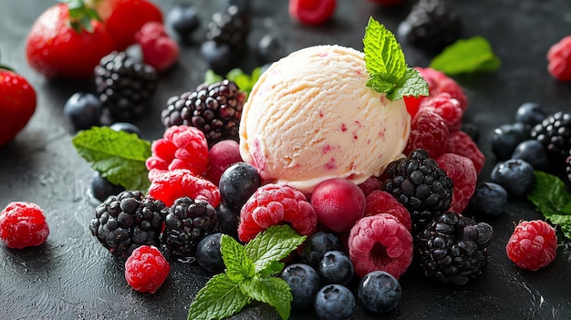 a scoop of ice cream is on a black background with raspberries and raspberries