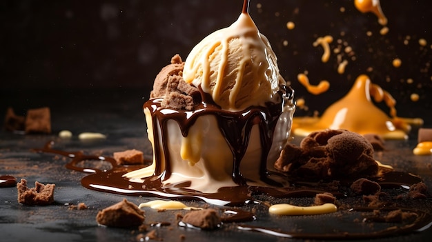 A scoop of ice cream with chocolate sauce and chocolate sauce drizzled over it.