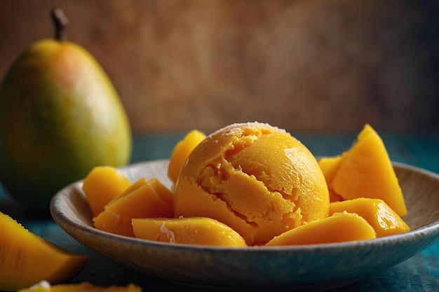 A scoop of mango sorbet in a dish