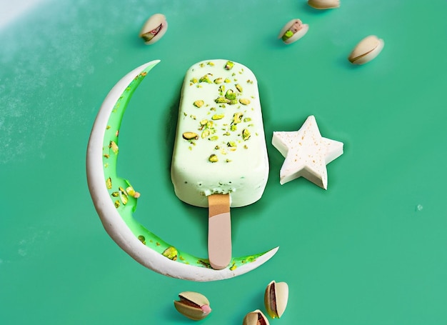 A scoop of pistachio ice cream with pistachios isolated with moon on white background