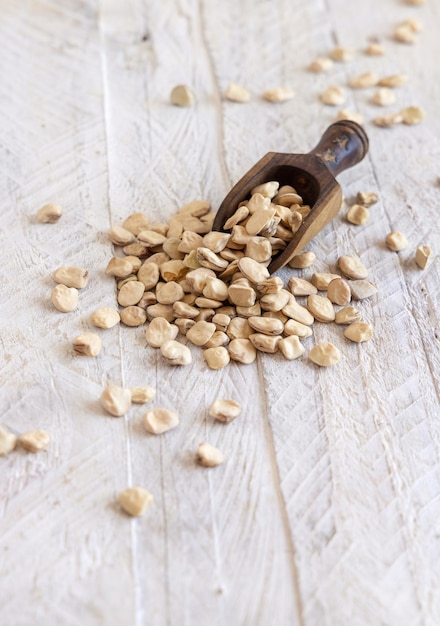 Scoop of raw dry Grass pea close up on wooden table Legumes known in Italy as Cicerchia