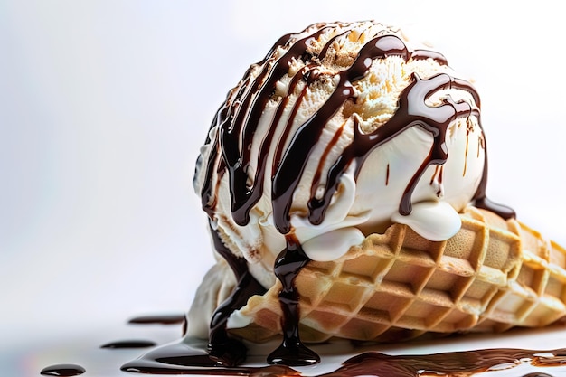 A scoop of vanilla ice cream covered in delicious chocolate on a white background