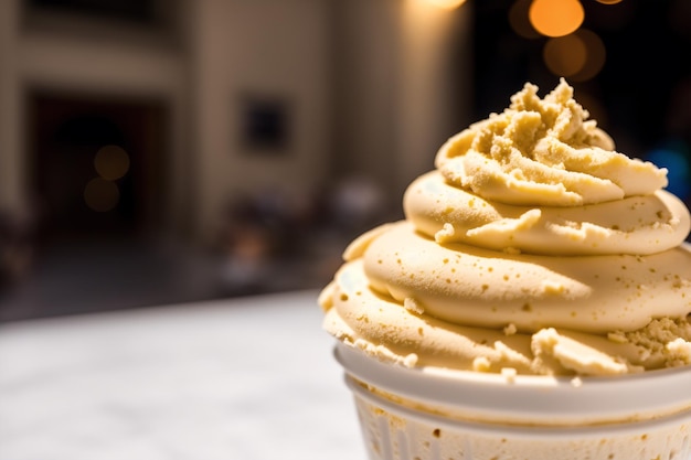 A scoop of vanilla ice cream sits on a table.