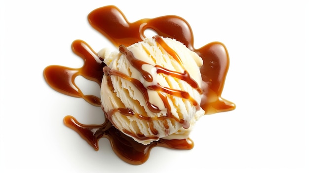 A scoop of vanilla ice cream with caramel sauce drizzled over it on a white background Perfect for dessert menus or food blogs Simple yet elegant food photography style AI