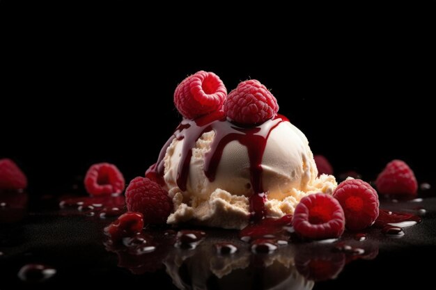 Photo a scoop of vanilla ice cream with raspberries on top on dark background