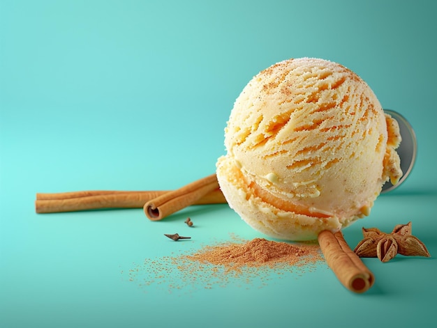 a scoop of vanilla ice cream with a wooden stick in the foreground