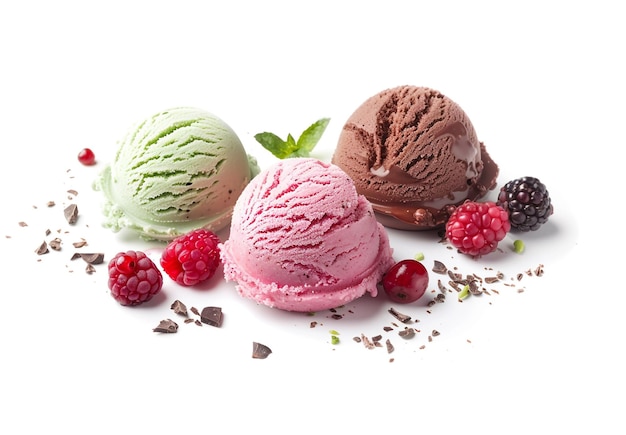 Scoops of ice cream in pink green and chocolate colors with berries on white background