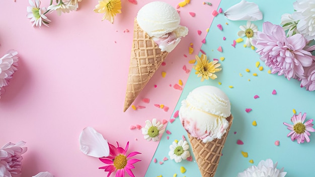 Scoops of ice cream in a waffle cones on colorful background