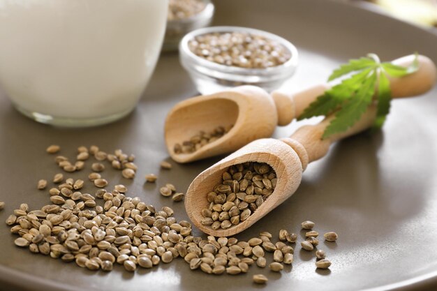 Scoops with hemp seeds on tray