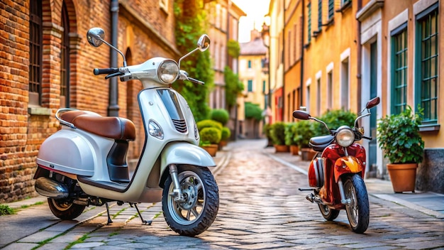 Photo a scooter is parked on a cobblestone street with a red scooter