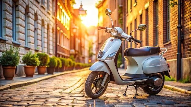 a scooter is parked on a cobblestone street