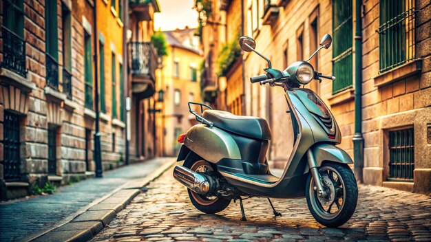 a scooter is parked on a cobblestone street