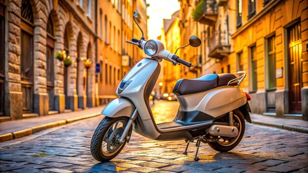 a scooter is parked on a cobblestone street