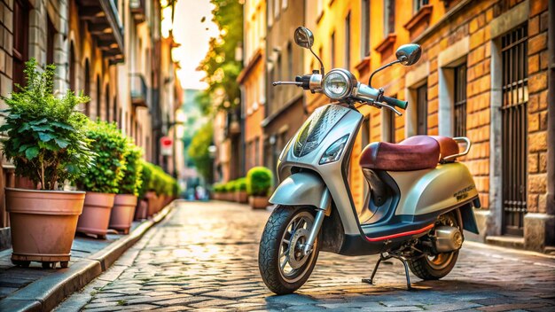 a scooter is parked on a cobblestone street