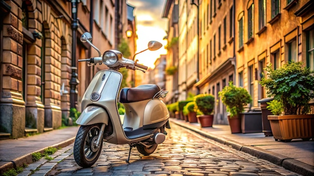 a scooter is parked on a cobblestone street