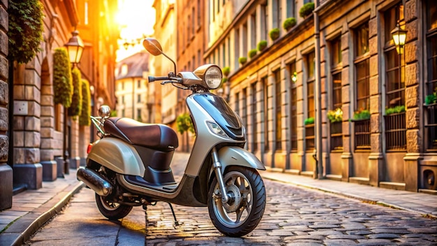 a scooter is parked on the street in front of a building