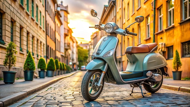 a scooter is parked on the street in front of a building