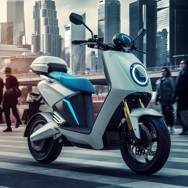 a scooter is parked on a street with people walking around