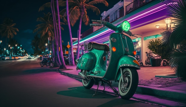 Scooter moped at ocean drive miami beach at night with neon lights