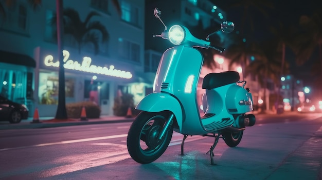 Scooter moped at ocean drive miami beach at night with neon lights