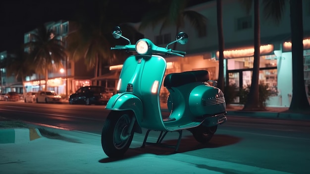 Scooter moped at ocean drive miami beach at night with neon lights