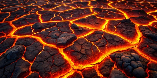 Photo scorched earth with molten lava cracks and dark rocks