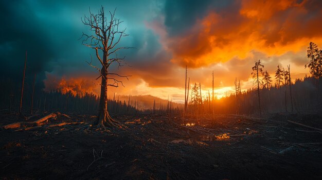 Photo a scorched landscape under dramatic skies featuring burnt trees and a striking sunset highlighting the impact of destruction on nature