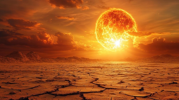 Scorching Heatwave Blazing Sun Over Cracked Earth Landscape