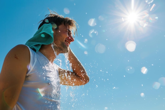 Photo scorching sun coping with summer heat through effective body cooling methods with water ensuring comfort and safety during high air temperatures and intense sunlight