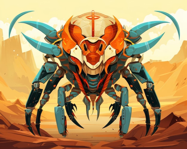 Scorpion exoskeleton flat design top view desert cartoon drawing Triadic Color Scheme