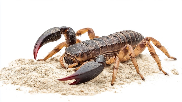 a scorpion is laying on the sand and has a red tongue