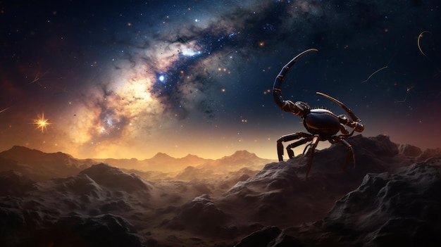 A scorpion sits on a mountain with a galaxy in the background.